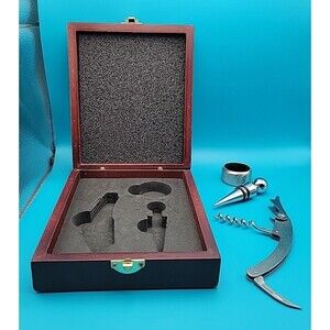 Elegant Sommelier Wine Set Wood Case Stopper, Corkscrew, Bottle Collar